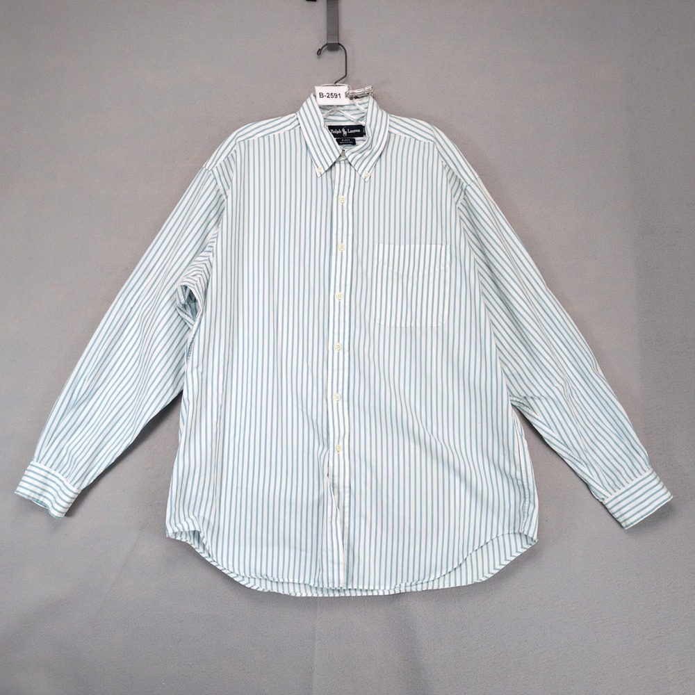 Vintage 90s Ralph Lauren White Blue Striped Button Down Shirt Mens L Preppy